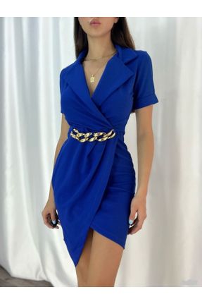 لباس مجلسی آبی زنانه کرپ آستین کوتاه یقه کتی بدون آستر کد 338525170