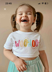Beyaz Woohoo Baskılı Kız Çocuk Crop Tişört - Becky – Le Mabelle