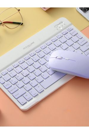 Mini Taşınabilir Kablosuz Bluetooth Klavye Mouse Seti Mor
