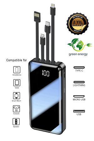 20.000 Mah Prime Dijital Göstergeli Dahili Çoklu Kablolu Powerbank,siyah