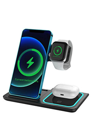 3 In 1 15w Hızlı Şarj Kablosuz Wireless Iphone Apple Watch Için Mavi Led Işıklı Şarj Standı