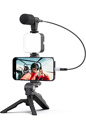 Ayarlanabilir Vlog Kiti Tripodlu Mikrofonlu Led Işıklı Selfie Video Kit Kumandalı Telefon Tutucu