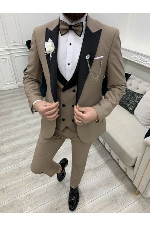 Erkek Smokin Damatlık Kırlangıç Yaka İtalyan Kesim Slim Fit Ceket Yelek Pantolon Papyon-Sütlü Kahve