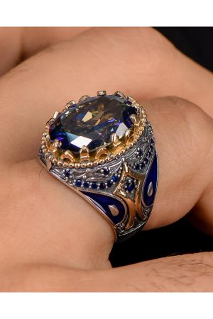 Mistik Topaz Taşlı Zirkon Taş Süslemeli 925 Ayar Gümüş Erkek Yüzüğü