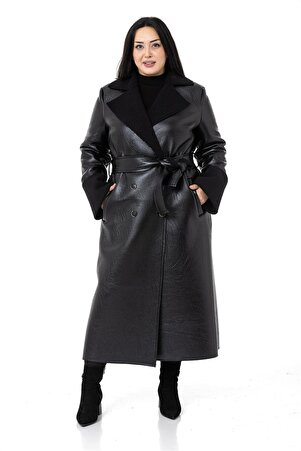 Plus Size Sleeve Opening & Inner Faux-Fur Long Leather-Look Overcoat