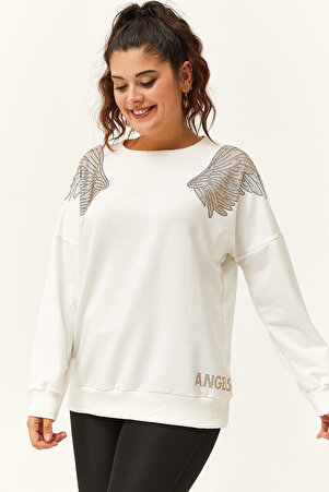 Kadın Büyük Beden Angels Taş Baskılı Beyaz Sweatshirt