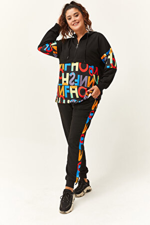Kadın Büyük Beden Renkli Harf Desenli Siyah Eşofman Takımı