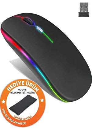 Ultra Slim Usb 2.4ghz Siyah Ledli 800/1200/1600dpi Şarjlı Kablosuz Mouse Rgb Led Işıklı