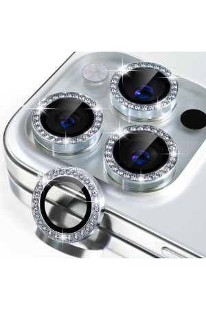 Iphone 15 Pro Max & Iphone 15 Pro Uyumlu 9H Kamera Koruyucu Cam Metal Çerçeve Taşlı Gümüş [3 lü set]