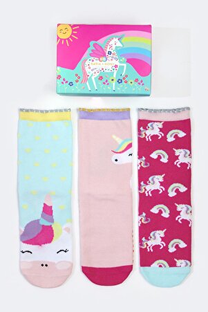 3 Lü Paket Unicorn Kutu Kız Çocuk Soket Çorap Desenli