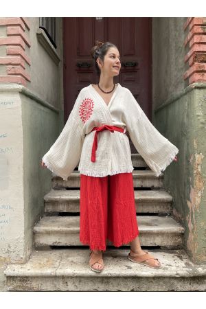 Bohem Müslin Kimono Pantolon Takım, Krem Kırmızı Kimono, Yoga Kimono, Festival Kimono