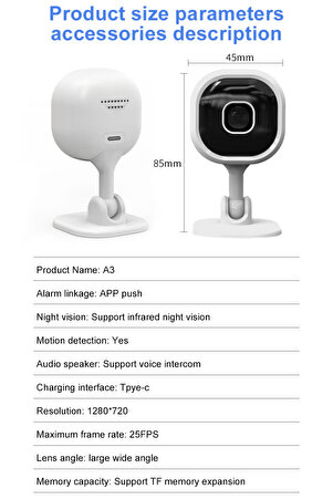 Nightvision A3 Mini Akıllı iç ortam Wifi Kamera 2 Mbps Gece görüş+Ses+ Alarm Hareket detektörlü