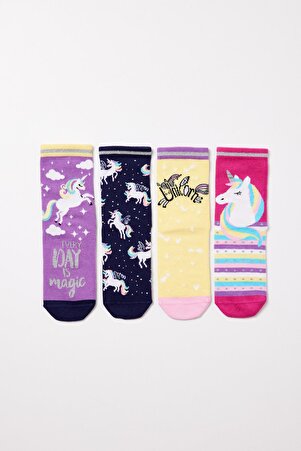 4'lü Paket Unicorn Kız Çocuk Soket Çorap Desenli