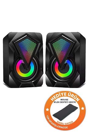 Bilgisayar Hoparlörü Rgb Led Işıklı Gaming Oyuncu Hoparlörü 3.5mm Jack Usb Speaker 1+1 Ses Sistemi