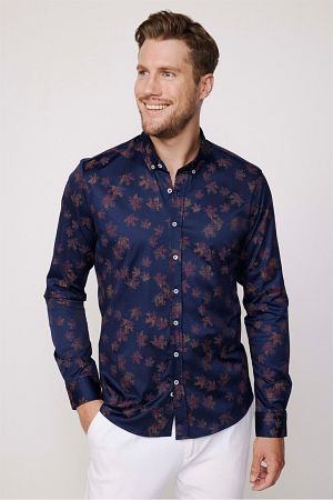 Süper Slim Fit Düğmeli Yaka Pamuklu Likralı Desenli Spor Erkek Gömlek