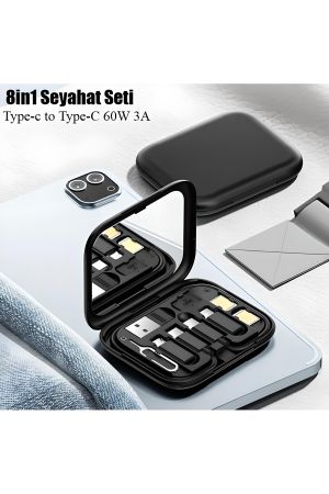 8in1 USB-C Hızlı Şarj Veri Kablosu iPhone Xiaomi Type-C Kablo Tutucu Aynalı Seyahat Seti