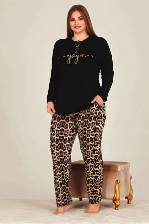 Yumuşacık Leopar Pijama Desenli Uzun Kollu Büyük Beden Viskon Kumaş Pijama Takımı 11326