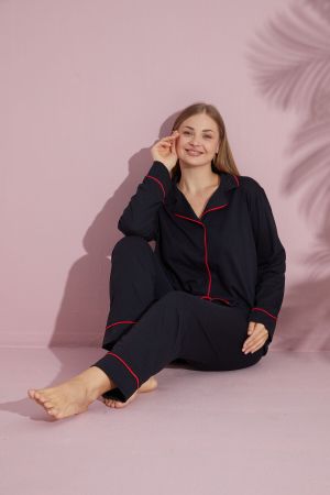 Büyük Beden Kadın Siyah Uzun Kollu Pamuklu Önden Düğmeli Biyeli Pijama Takımı