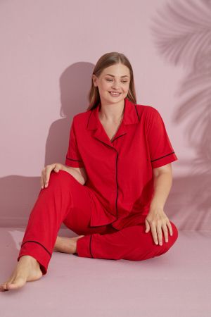 Büyük Beden Kadın Kırmızı Kısa Kollu Pamuklu Önden Düğmeli Biyeli Pijama Takımı