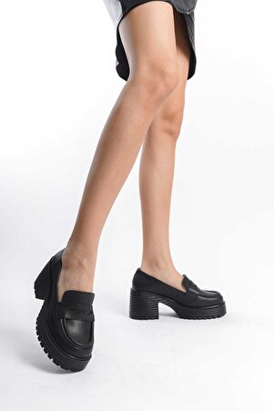 Kadın Siyah Düz Yüksek Topuklu Loafer Ayakkabı