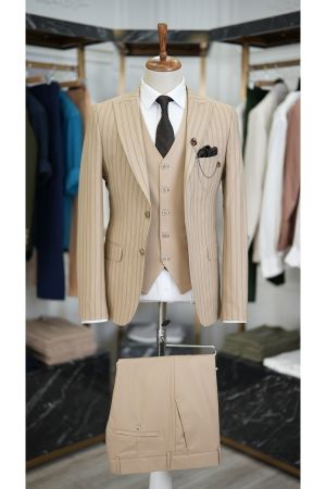 Erkek Takım Elbise Kırlangıç Yaka Ceket Yelek Pantolon Italyan Kesim Slim Fit -krem