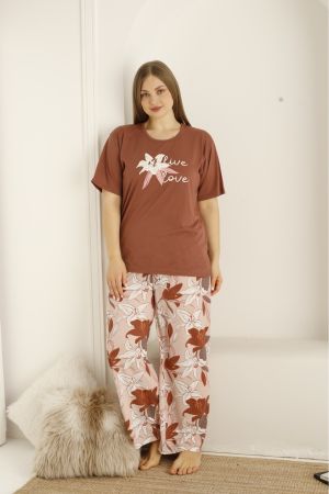 Kadın Kahverengi Çiçek Baskılı Alt Uzun Büyük Beden Pijama Takımı