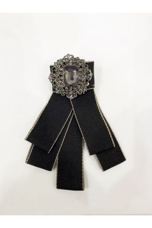 Gümüş Üzeri Siyah Parlak Taşlı Kurdelalı Özel Tasarım Broş Gotik Tasarım