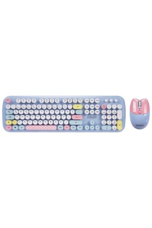 KM-6284 WHISKER Renkli Tuşlu Mavi Kablosuz Q Klavye + Mouse Set