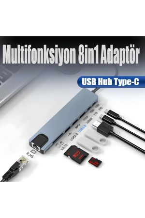 8in1 Type-C Hub Port  Uyumlu Adaptör HDMI USB Kart Okuyucu Ethernet Pd Girişli Macbook Çevirici Gri
