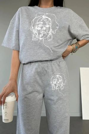 Aesthetic Kadın Çizim Baskılı Eşofman Altı Ve T-shirt Alt Üst Eşofman Takımı