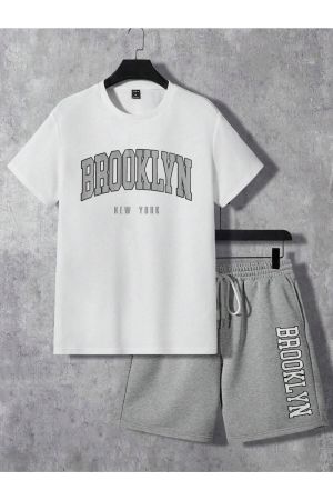 Brooklyn New York Beyaz T-Shirt Gri Şort - Şortlu Tişört Alt Üst Takım Baskılı Bisiklet Yaka