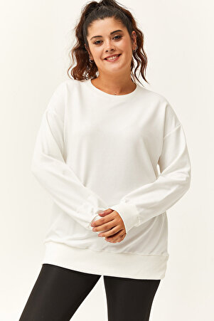 Kadın Büyük Beden Basic Beyaz Sweatshirt