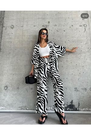 Kadın Zebra Baskı Düşük Omuz Oversize Kimono Takım