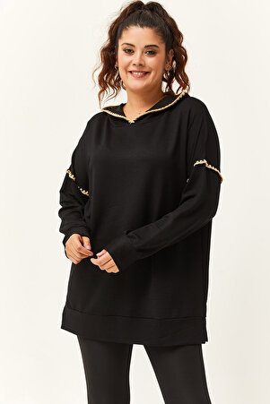 Kadın Büyük Beden Kapüşonlu Nakış Detay Siyah Sweatshirt