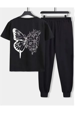 Butterfly Eşofman Altı T-shirt - Siyah Jogger Tişört Alt Üst Eşofman Takımı Oversize Bisiklet Yaka