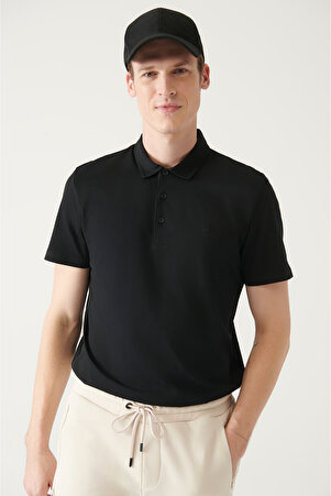 Erkek Siyah %100 Pamuk Standart Fit Normal Kesim 3 Düğmeli Kıvrılmaz Polo Yaka T-shirt E001035