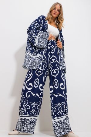 Kadın Lacivert Kimono Ceket Ve Palazzo Pantolon Takım Alc-X11751