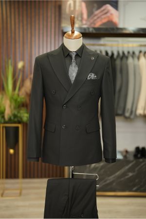 Erkek Kruvaze Takım Elbise İtalyan Stil Slim Fit Ceket Pantolon-Siyah