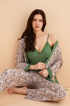 Yeşil Flore Exclusive Örme 3'lü Sabahlıklı  Kadın Pijama Takımı