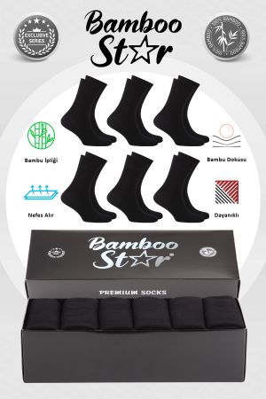 Bambu Erkek Soket Uzun Düz Siyah Çorap Dikişsiz 6'lı Premium Kutulu
