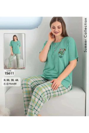 Kadın Kısa Kol Sıfır Yaka Ekose Desenli Pijama Takımı