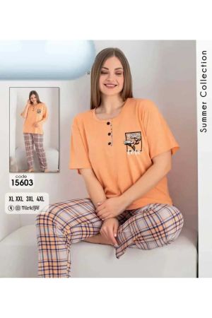Kadın Kısa Kol Sıfır Yaka Ekose Desenli Pijama Takımı