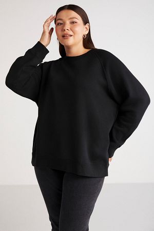 Barborabb Kadın Relaxed Içi Polarlı Yumuşacık Comfort Fit Yuvarlak Yaka Siyah Büyük Beden Sweatshirt