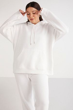 Terezabb Kadın Içi Polarlı Yumuşacık Comfort Fit Kapüşonlu Kanguru Cep Beyaz Büyük Beden Sweatshirt