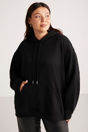 Terezabb Kadın Içi Polarlı Yumuşacık Comfort Fit Kapüşonlu Kanguru Cep Siyah Büyük Beden Sweatshirt