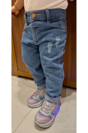 Çocuk Jean Denim Pantolon Yıpratma Detaylı Beli Ayarlanabilir Lastikli