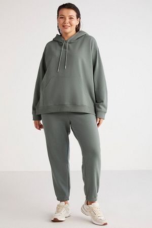 Terezabb Kadın Içi Polarlı Yumuşacık Comfort Fit Kapüşonlu Kanguru Cep Yeşil Büyük Beden Sweatshirt