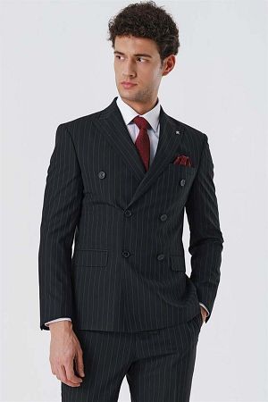 Siyah Çizgili Kırlangıç Yaka Astarlı Kruvaze 6 Drop Slim Fit Dar Kesim Klasik Takım 1001230165