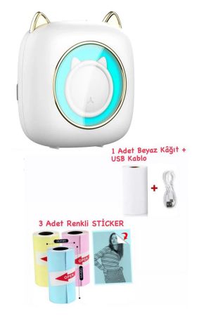 Mini Cep Termal Yazıcı Beyaz Kedili, 1adet Beyaz, 3adet Renkli Sticker Hediyeli