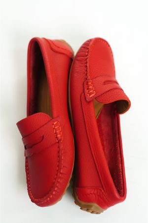 202-kr Hakiki Deri Oval Burunlu Kadın Kırmızı Babet & Loafer Ayakkabı